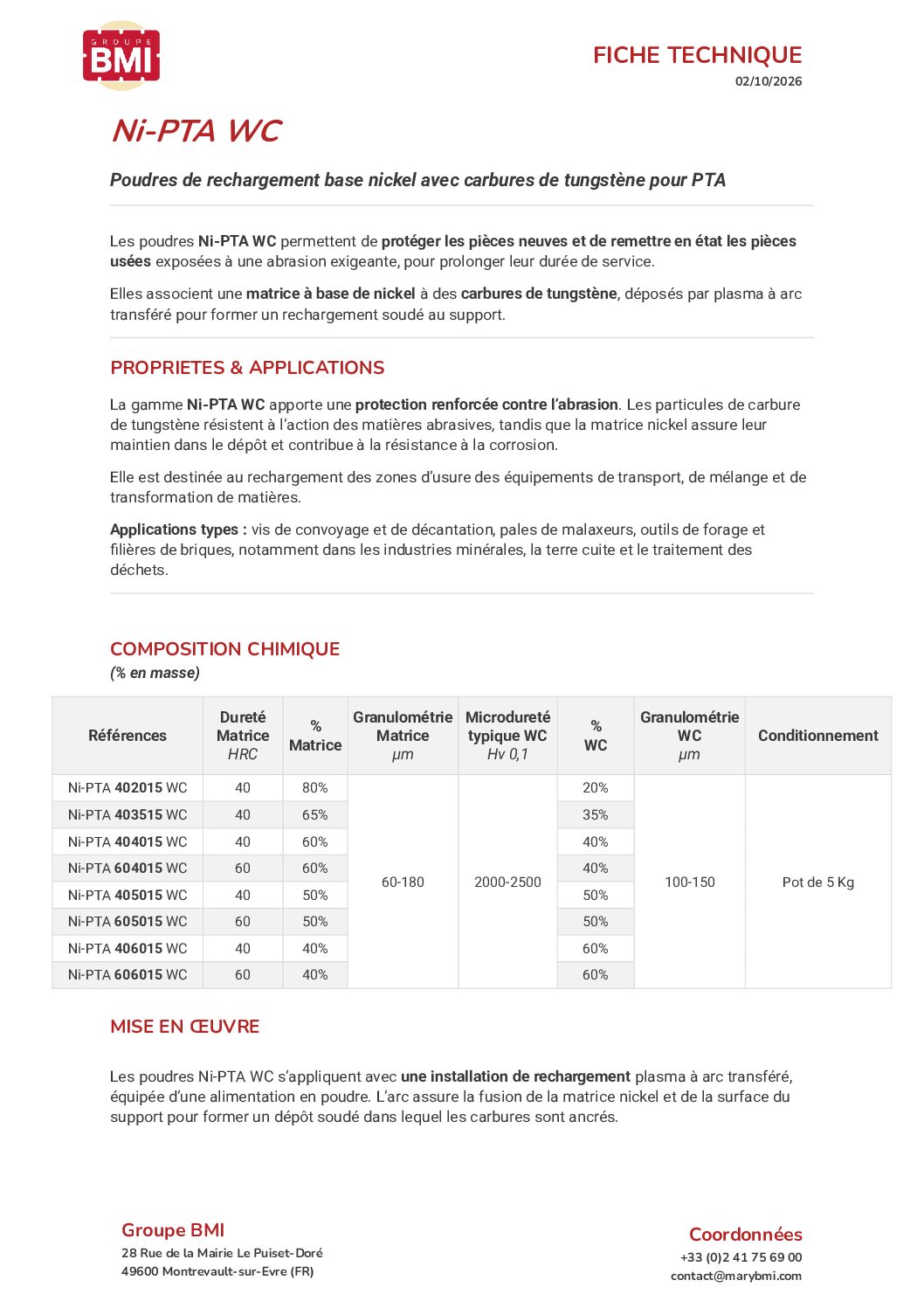 Poudres de rechargement Ni-PTA WC